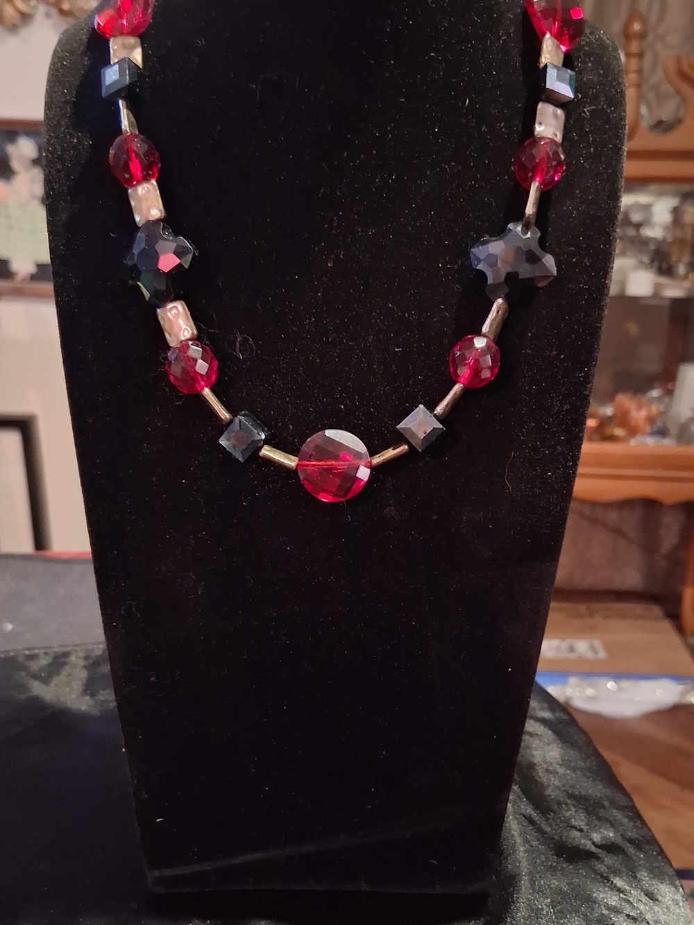 RedBlack Glass Bead Necklace 18" Silvertone Toggle Clasp Statement ArtDeco Style